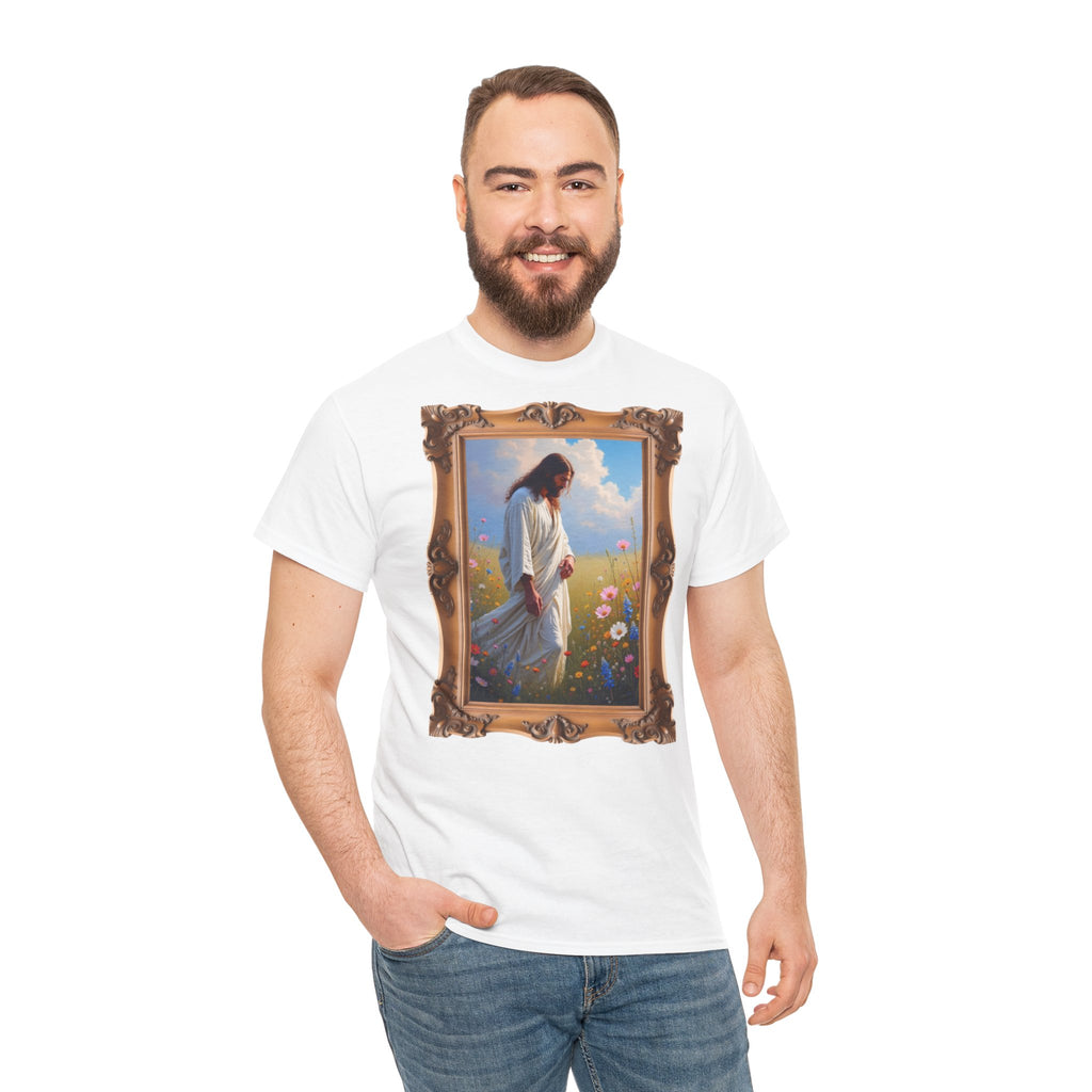 Jesus Among Wildflowers - Framed - T-Shirt | Religious Inspirational Tee | Christ Walking Prayerfully