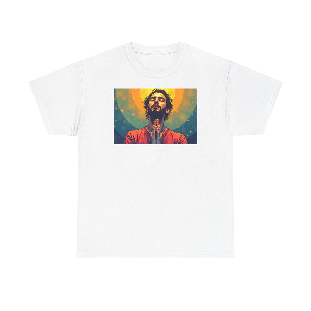 Praying Man - Serenity in Cosmic Light - T-Shirt | Religious Inspirational Tee, Prayer Artwork