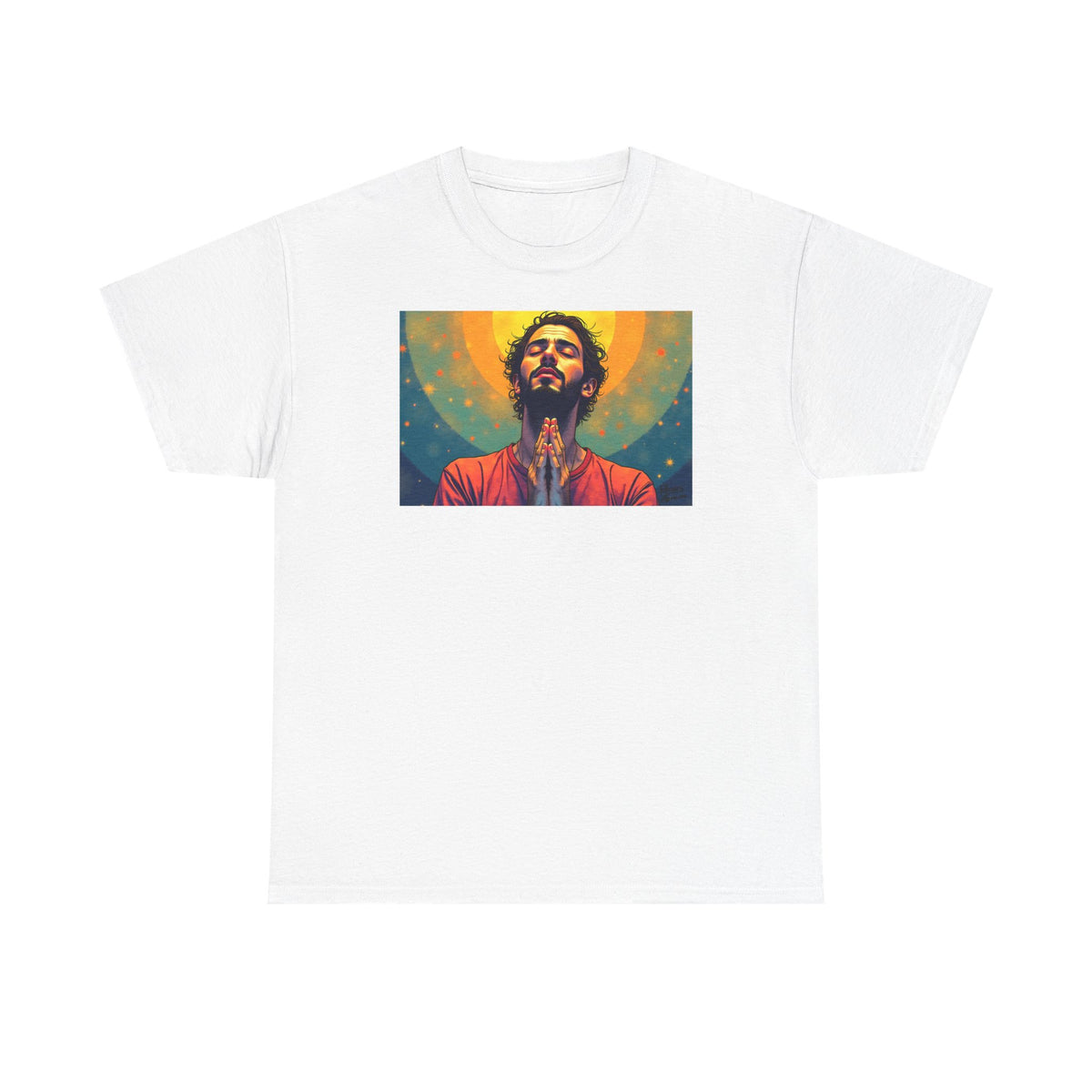 Praying Man - Serenity in Cosmic Light - T-Shirt | Religious Inspirational Tee, Prayer Artwork