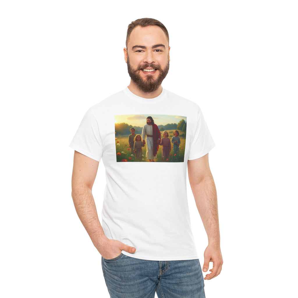 Jesus with Children in Wildflowers - T-Shirt | Religious Inspirational Tee, Prayer Artwork