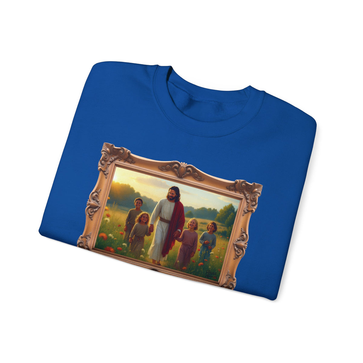 Jesus with Children in Wildflowers - Framed | Crewneck Sweatshirt | Christian Art | Faith-Inspired