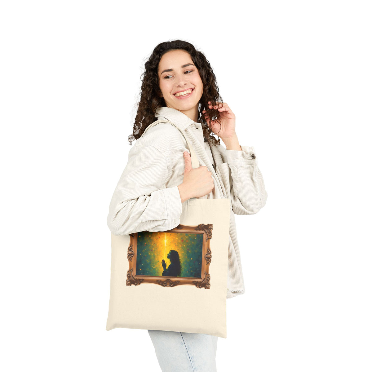 Woman in Prayer Under Magical Light - Framed - Canvas Tote Bag
