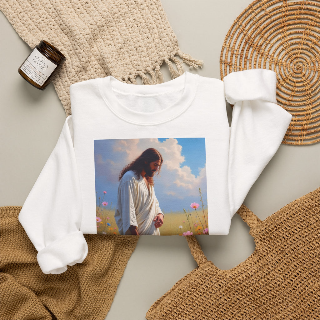 Jesus Among Wildflowers - Crewneck Sweatshirt | Christ Walking Prayerfully