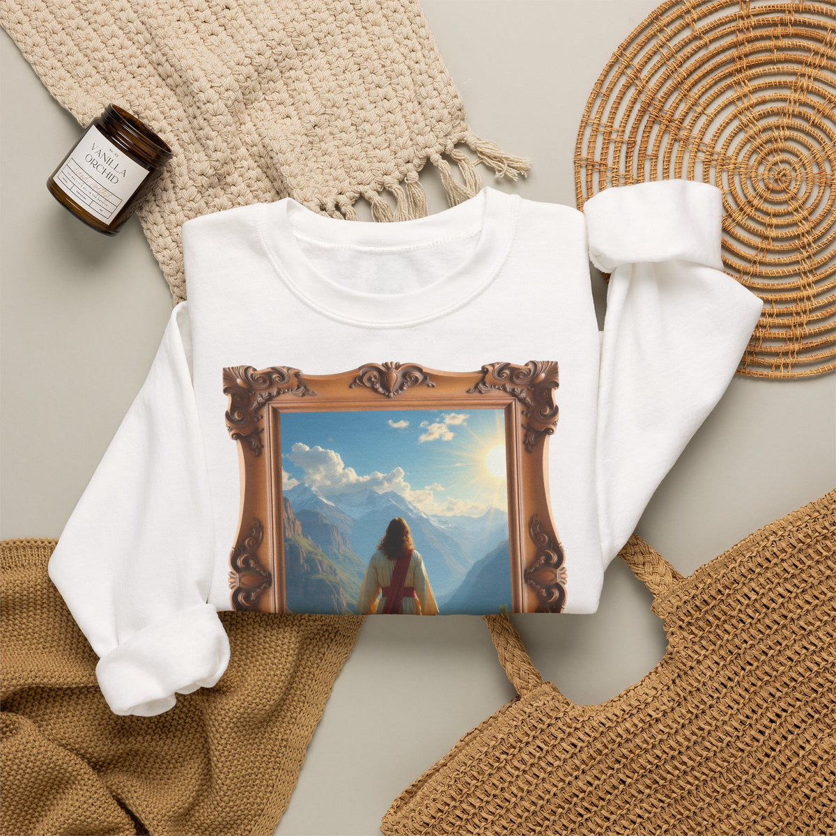 Jesus and the Lost Lamb - Framed | Crewneck Sweatshirt | Christian Art | Faith-Inspired