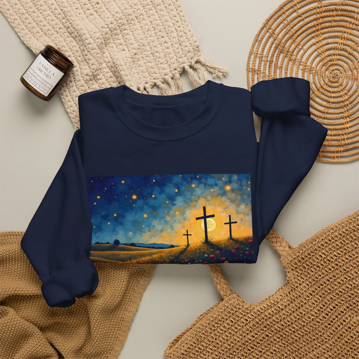 Three Crosses on Hill - Crewneck Sweatshirt | Bible Art