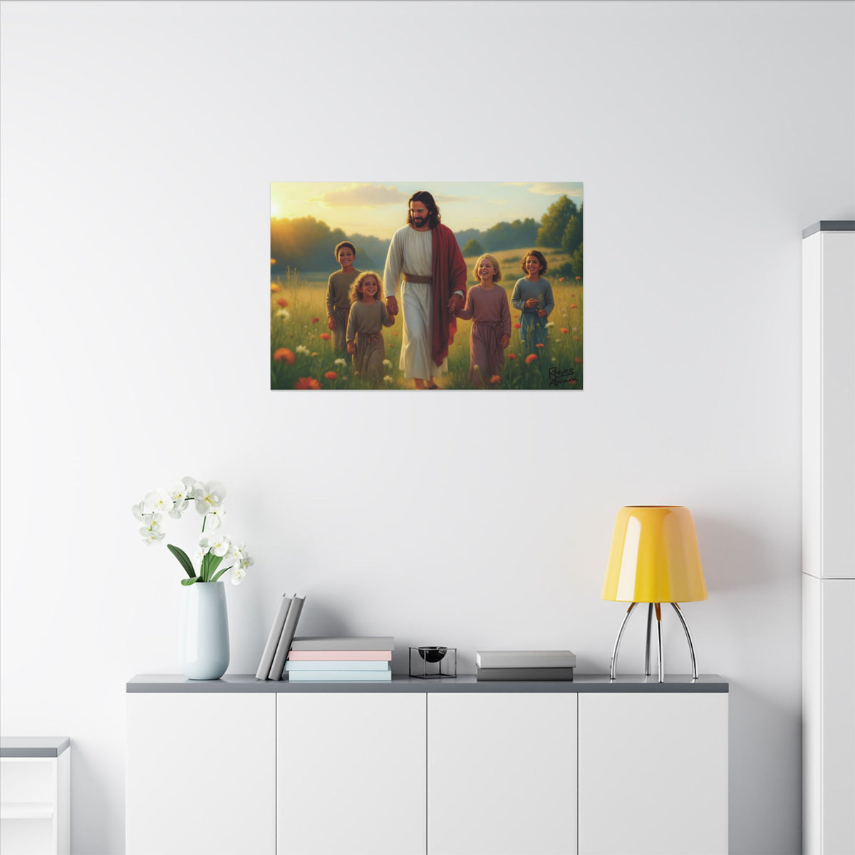 Jesus with Children in Wildflowers | 36" x 24" Canvas (Horizontal) | Christian Wall Art