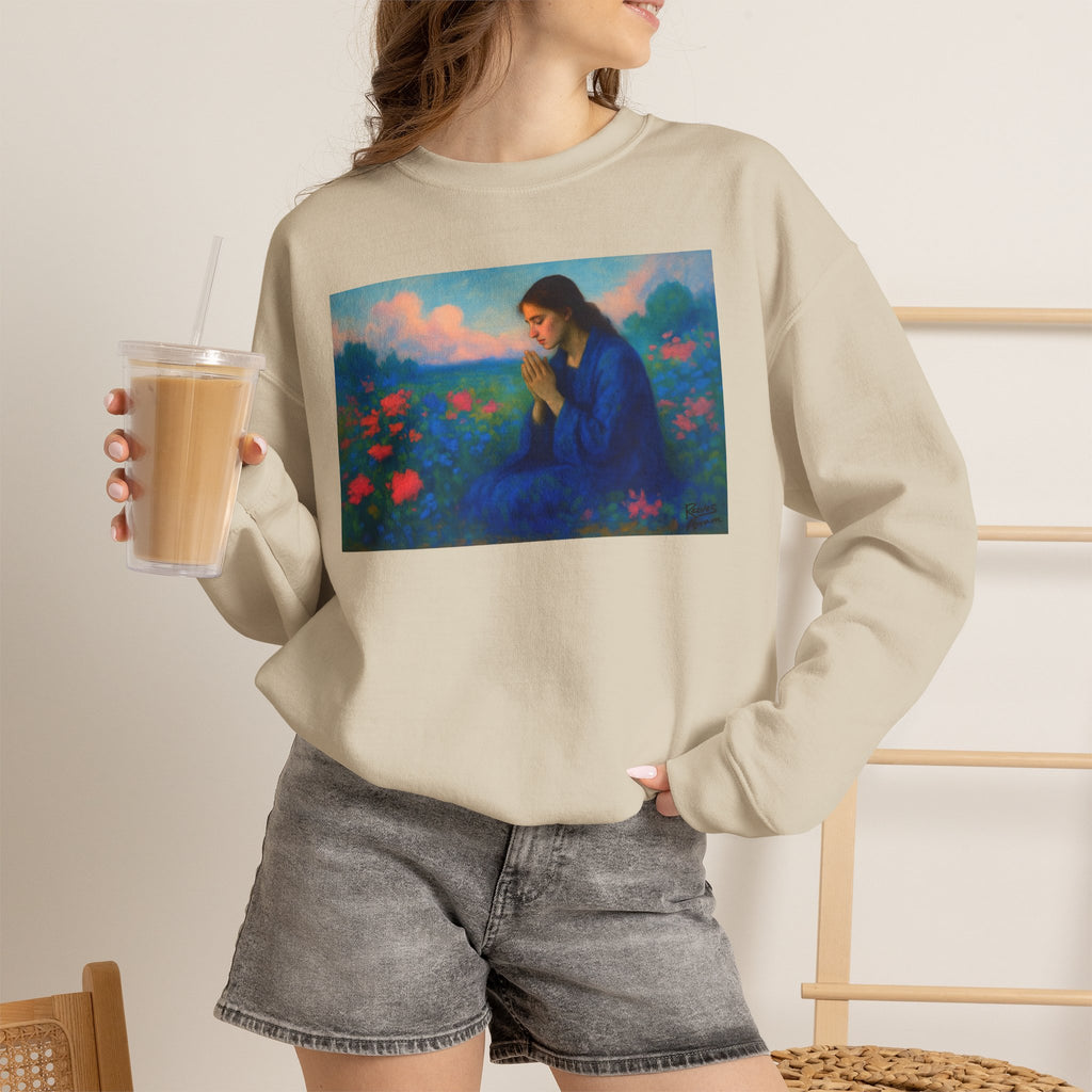 Praying Woman in Wildflowers | Crewneck Sweatshirt | Christian Art | Faith-Inspired