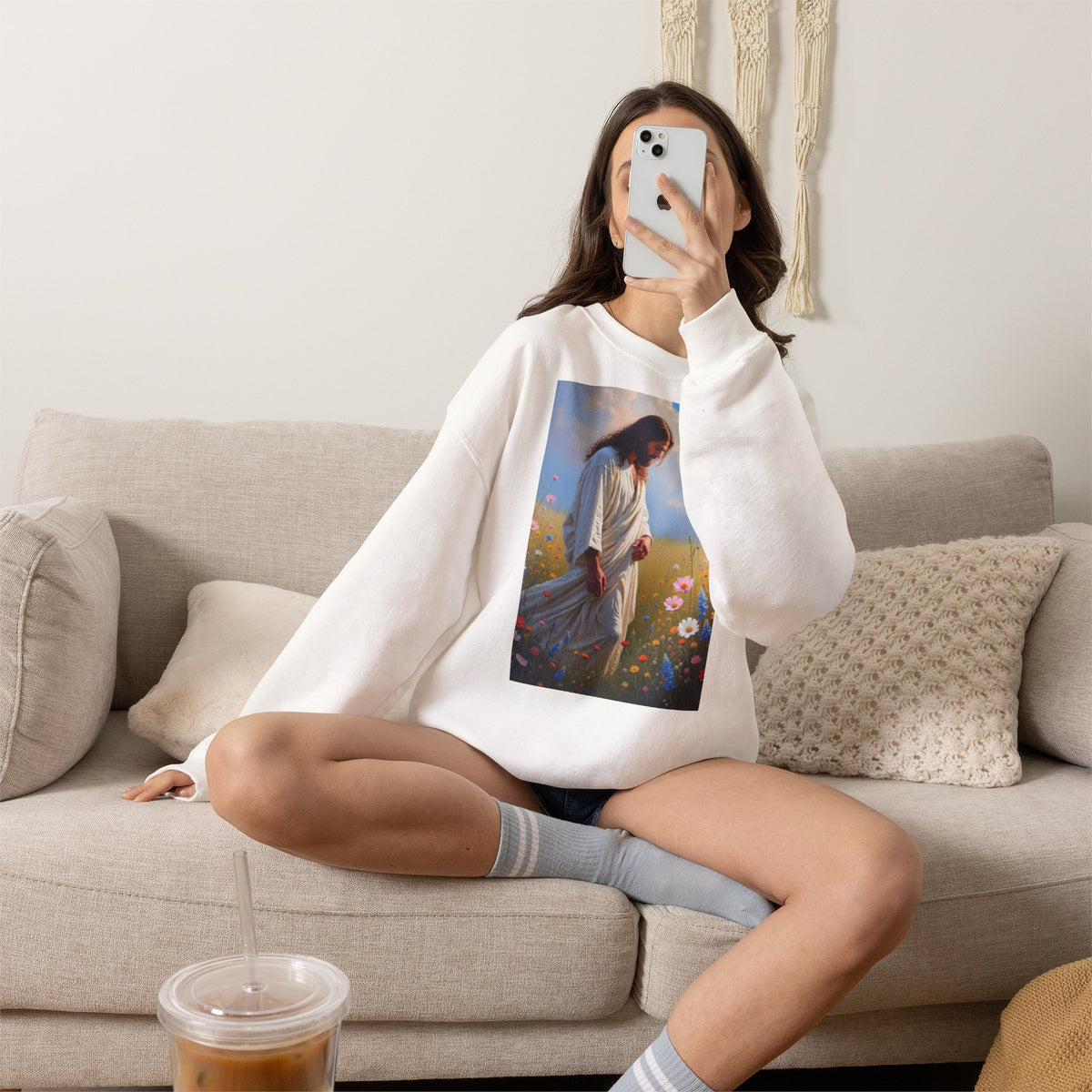 Jesus Among Wildflowers - Crewneck Sweatshirt | Christ Walking Prayerfully