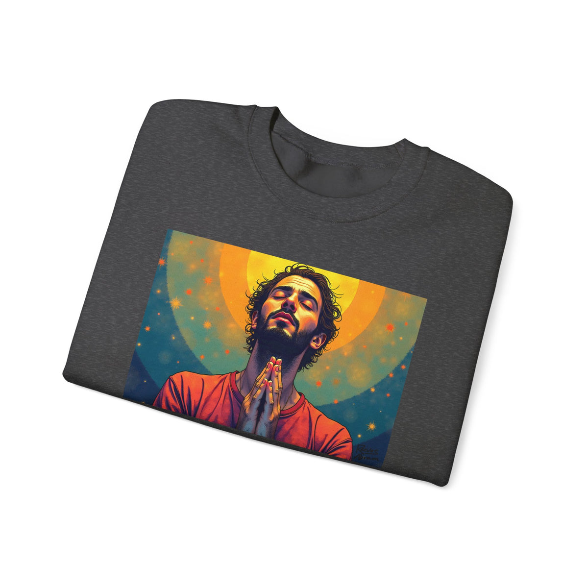 Praying Man - Serenity in Cosmic Light | Crewneck Sweatshirt | Christian Art | Faith-Inspired