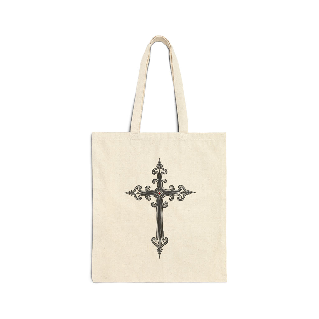 Ornate Silver Jeweled Cross Sketch - Canvas Tote Bag - Gothic-Style Christian Art