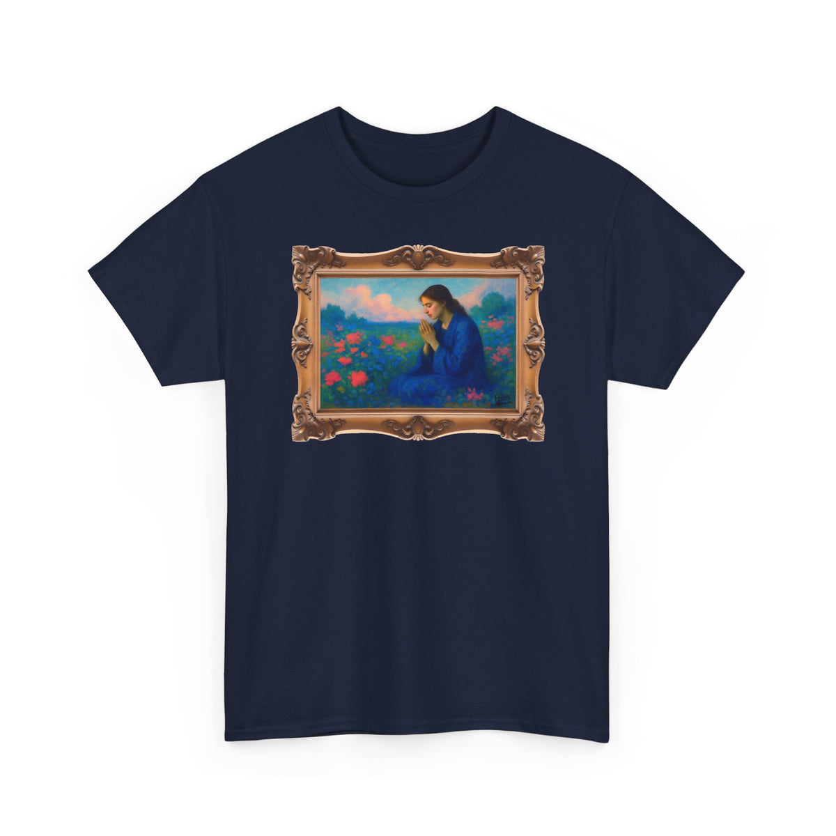 Praying Woman in Wildflowers - Framed - T-Shirt | Religious Inspirational Tee, Prayer Shirt