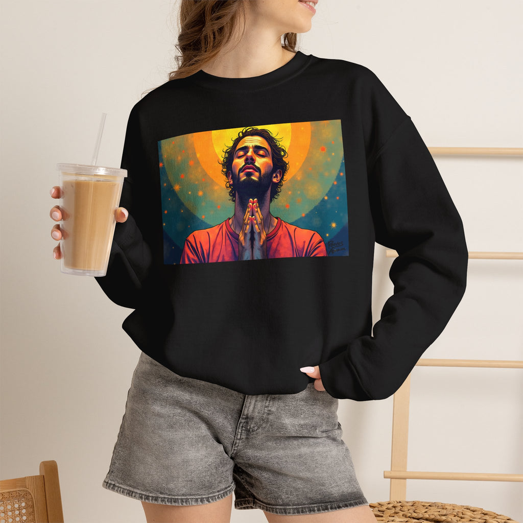 Praying Man - Serenity in Cosmic Light | Crewneck Sweatshirt | Christian Art | Faith-Inspired