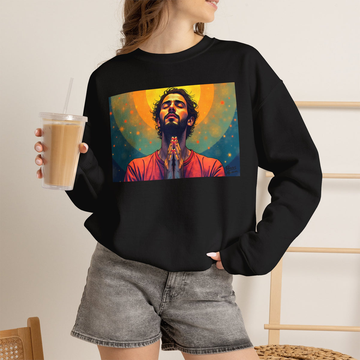 Praying Man - Serenity in Cosmic Light | Crewneck Sweatshirt | Christian Art | Faith-Inspired