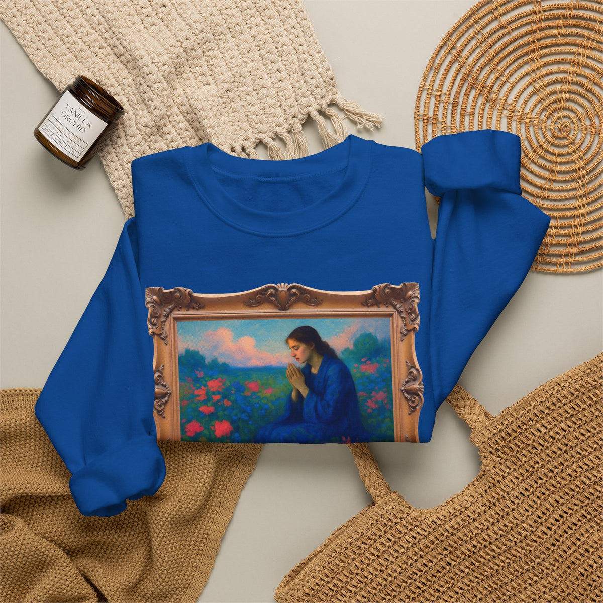 Praying Woman in Wildflowers - Framed | Crewneck Sweatshirt | Christian Art | Faith-Inspired