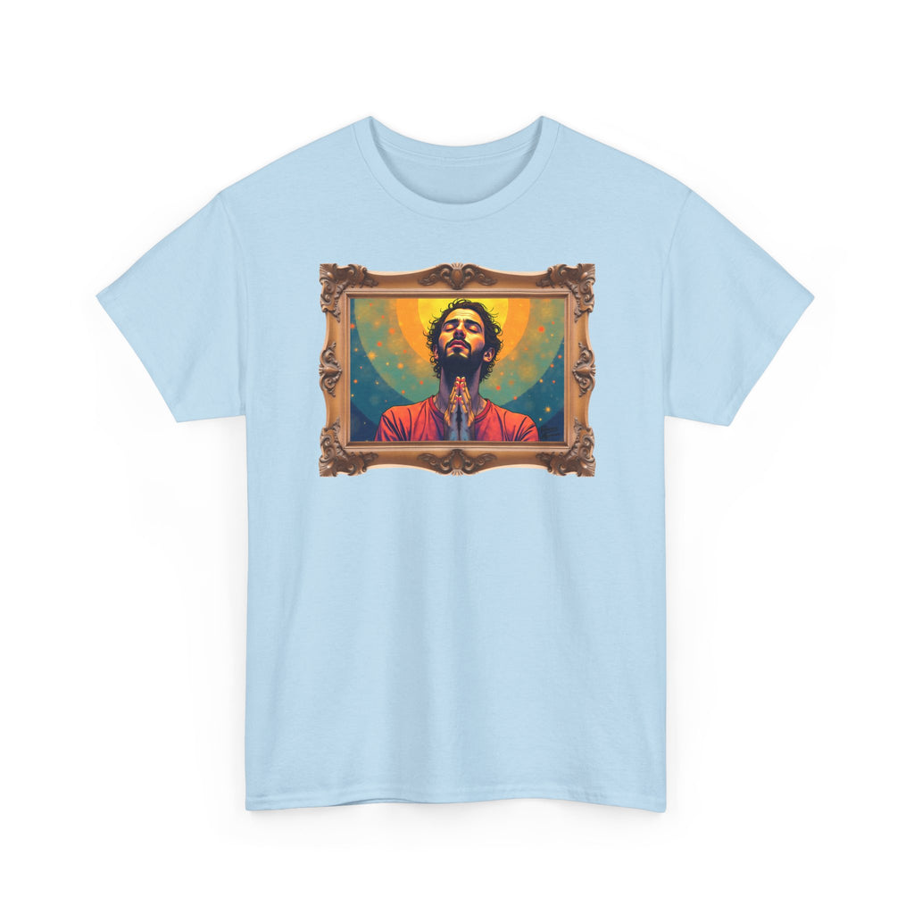 Praying Man - Serenity in Cosmic Light - Framed - T-Shirt | Religious Inspirational Tee, Prayer Artwork