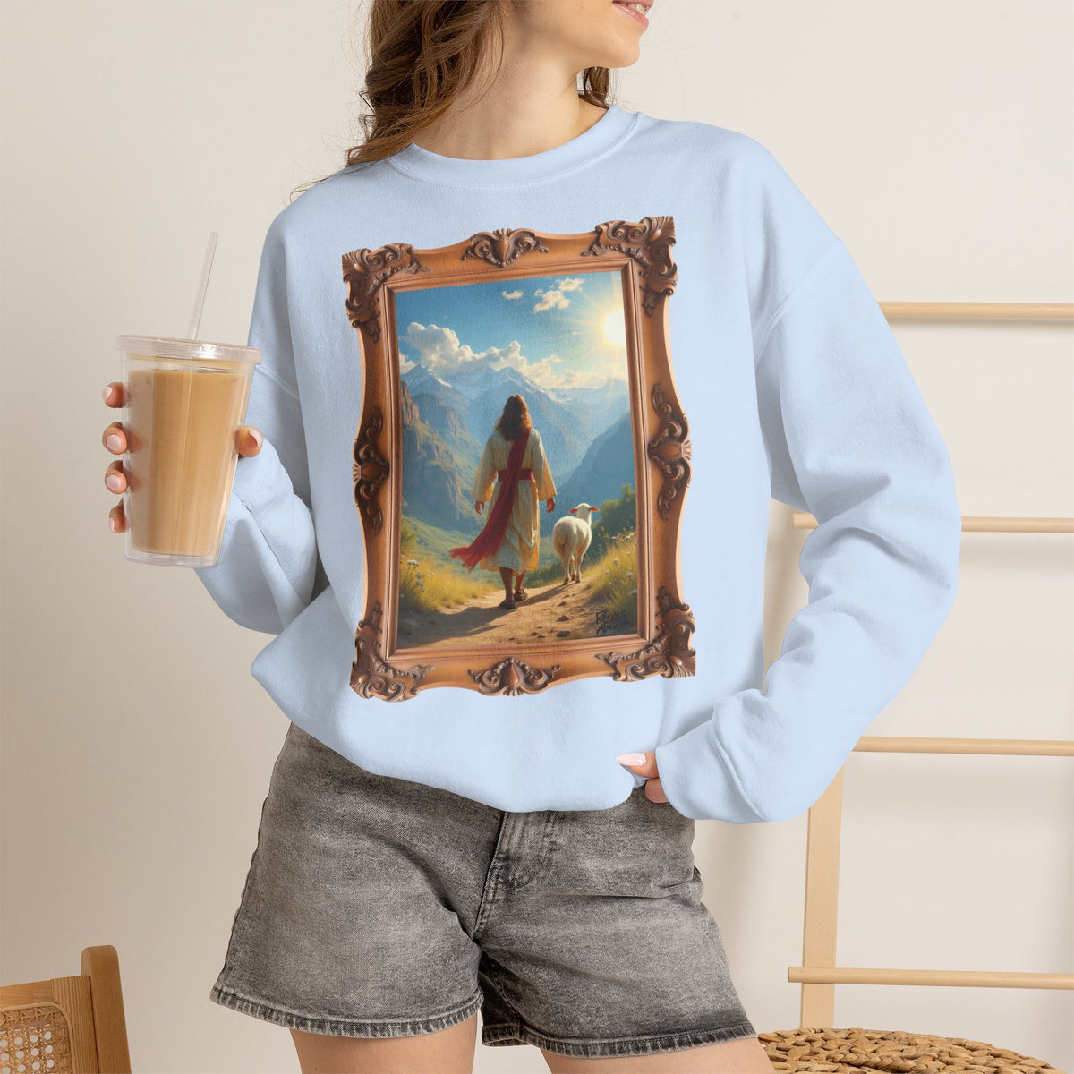 Jesus and the Lost Lamb - Framed | Crewneck Sweatshirt | Christian Art | Faith-Inspired