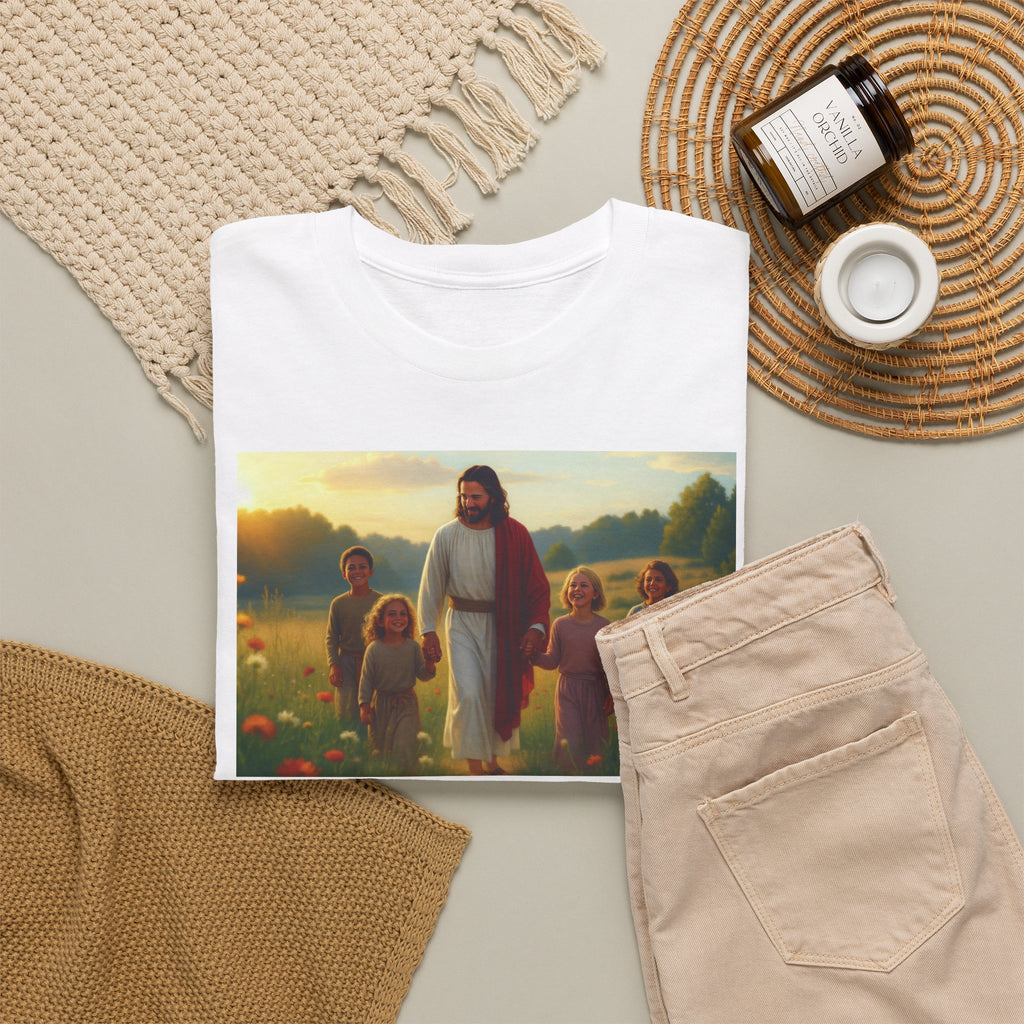 Jesus with Children in Wildflowers - T-Shirt | Religious Inspirational Tee, Prayer Artwork