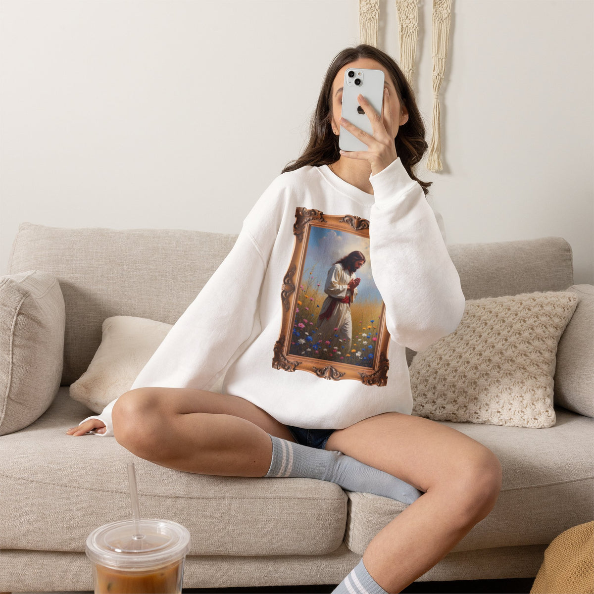 Jesus Praying in Meadow - Framed - Crewneck Sweatshirt | Prayer Shirt