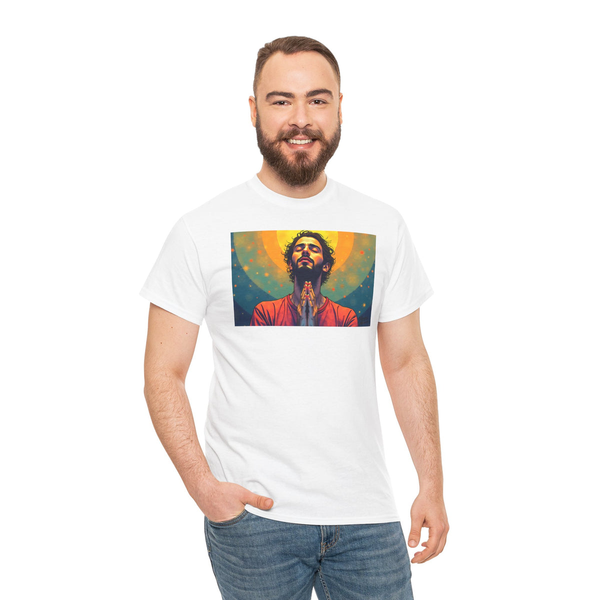 Praying Man - Serenity in Cosmic Light - T-Shirt | Religious Inspirational Tee, Prayer Artwork