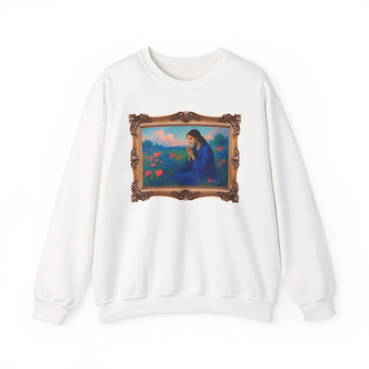 Praying Woman in Wildflowers - Framed | Crewneck Sweatshirt | Christian Art | Faith-Inspired