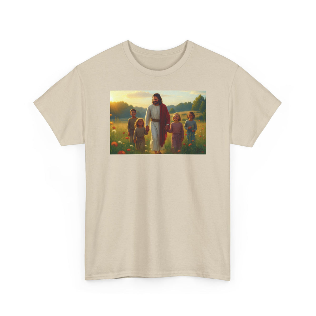 Jesus with Children in Wildflowers - T-Shirt | Religious Inspirational Tee, Prayer Artwork