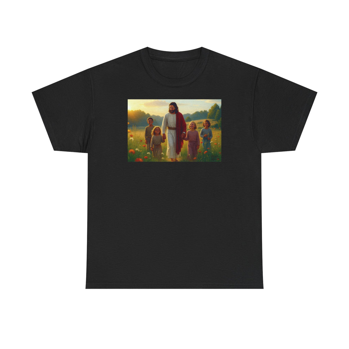 Jesus with Children in Wildflowers - T-Shirt | Religious Inspirational Tee, Prayer Artwork
