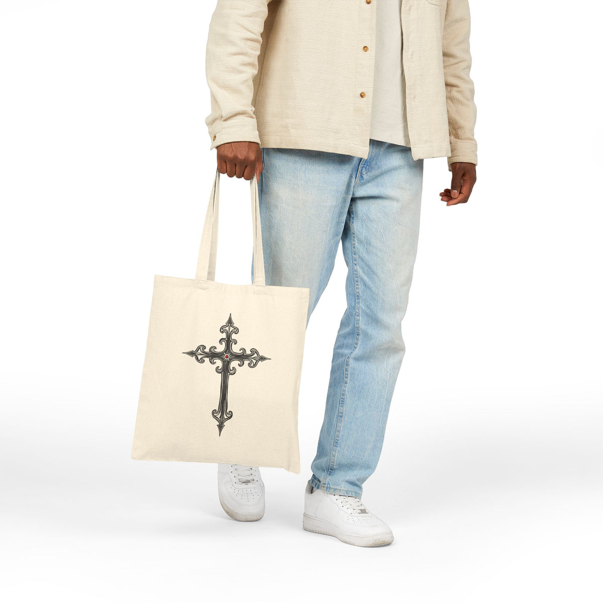 Ornate Silver Jeweled Cross Sketch - Canvas Tote Bag - Gothic-Style Christian Art