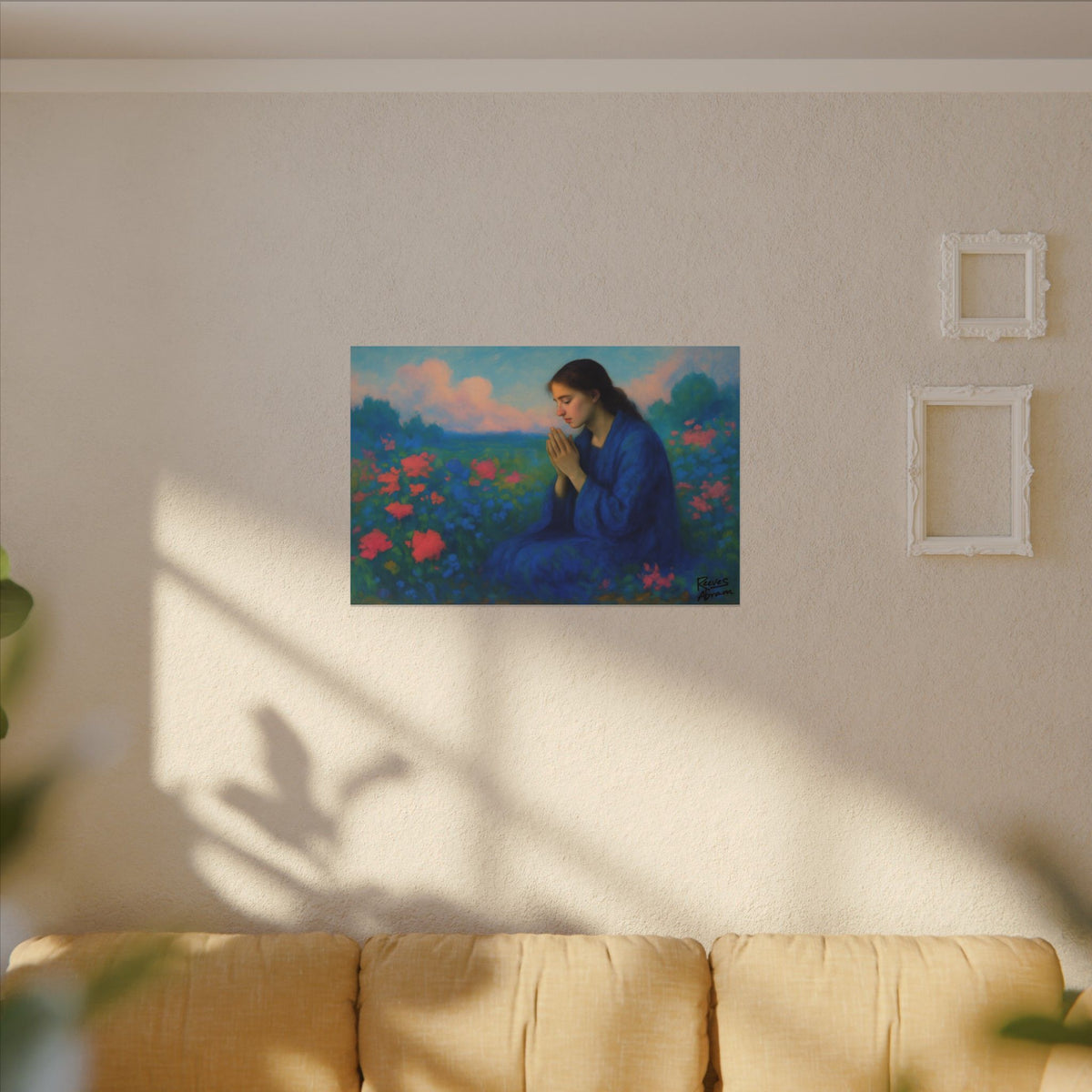 Praying Woman in Wildflowers | 36" x 24" Canvas (Horizontal) | Christian Wall Art | Faith Home Decor