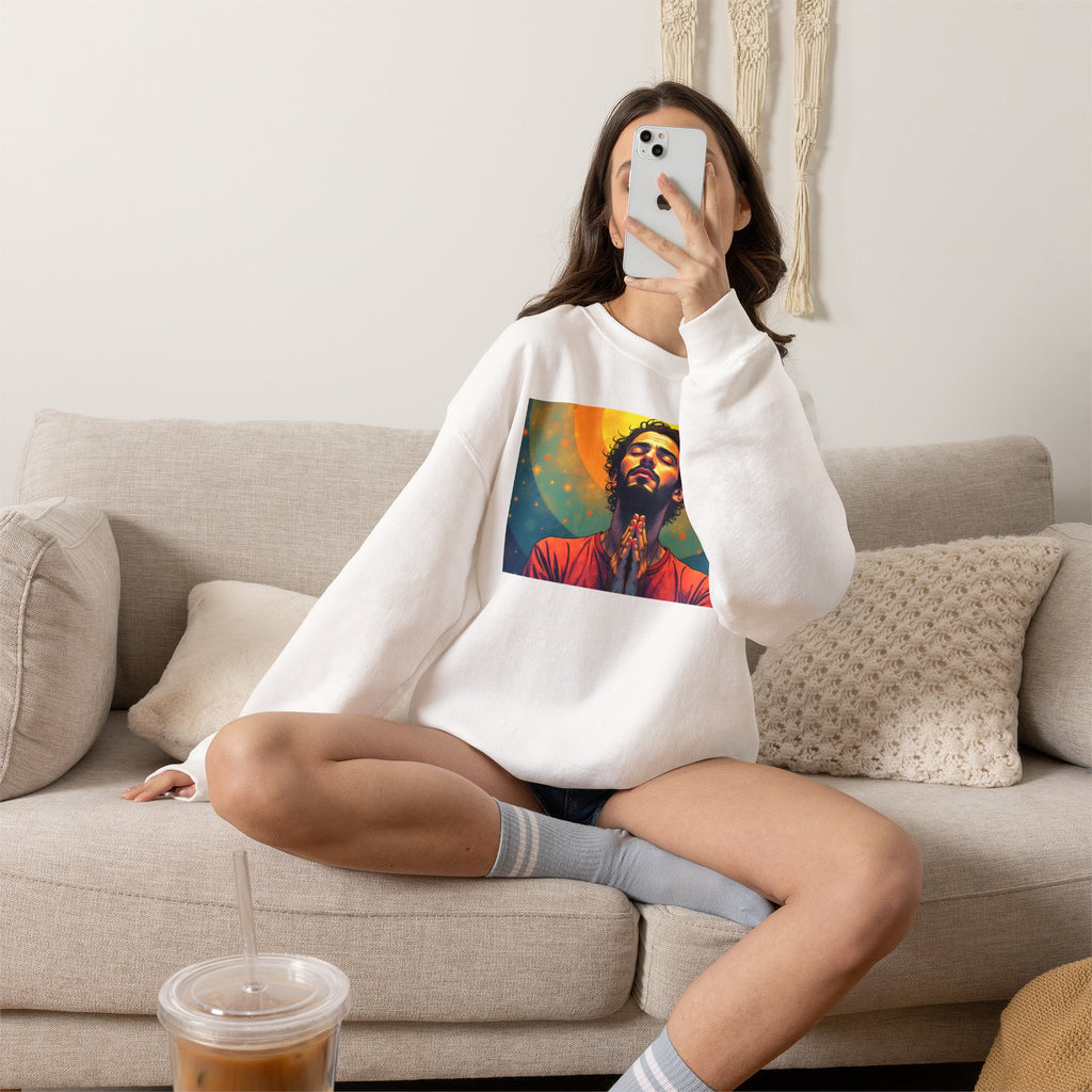 Praying Man - Serenity in Cosmic Light | Crewneck Sweatshirt | Christian Art | Faith-Inspired