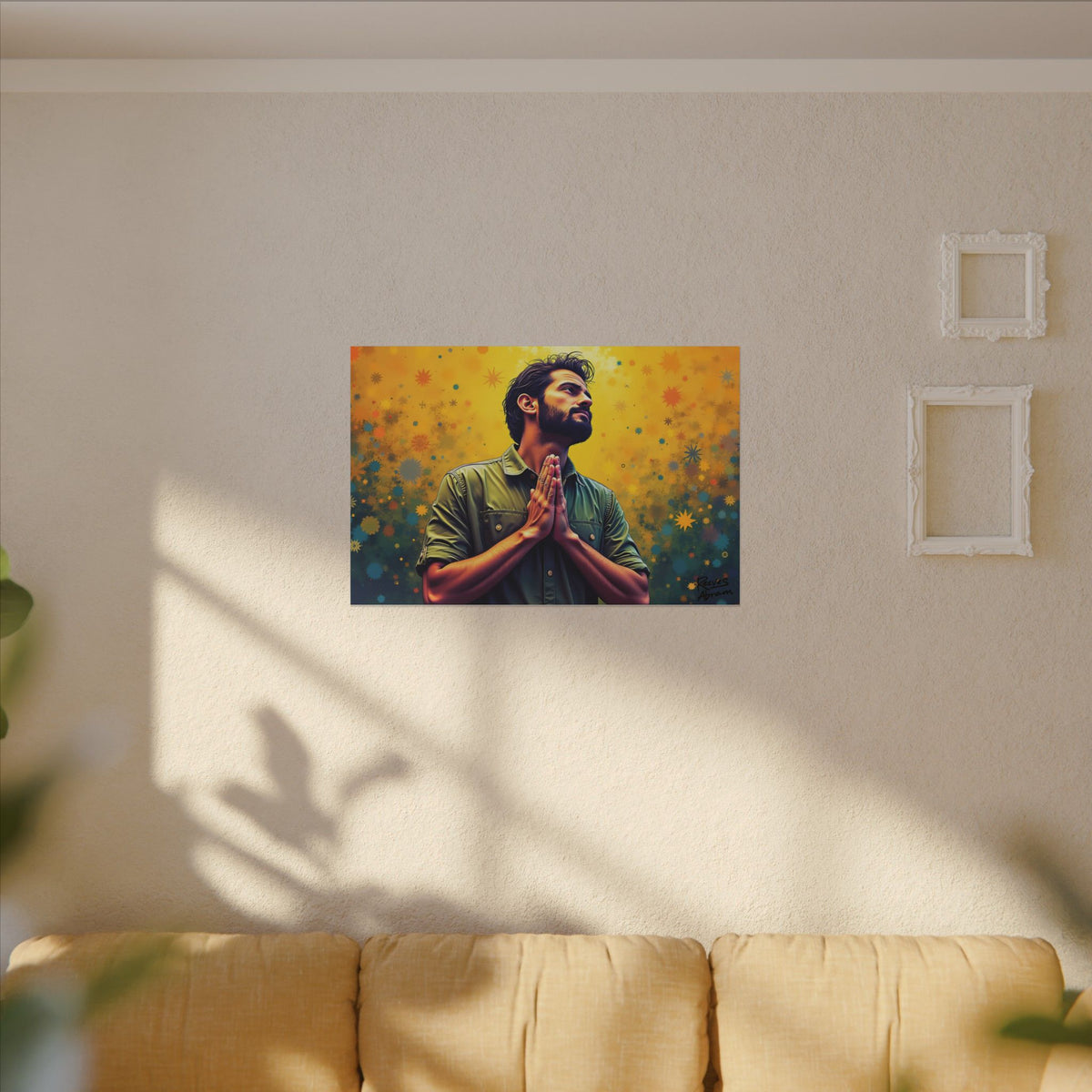 Praying Man Starburst | 36" x 24" Canvas (Horizontal) | Christian Wall Art | Illustration Style