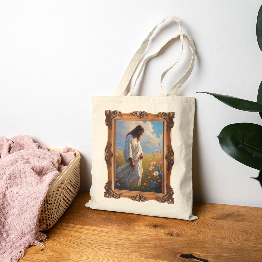 Jesus Among Wildflowers - Framed - Canvas Tote Bag - Christ Walking Prayerfully