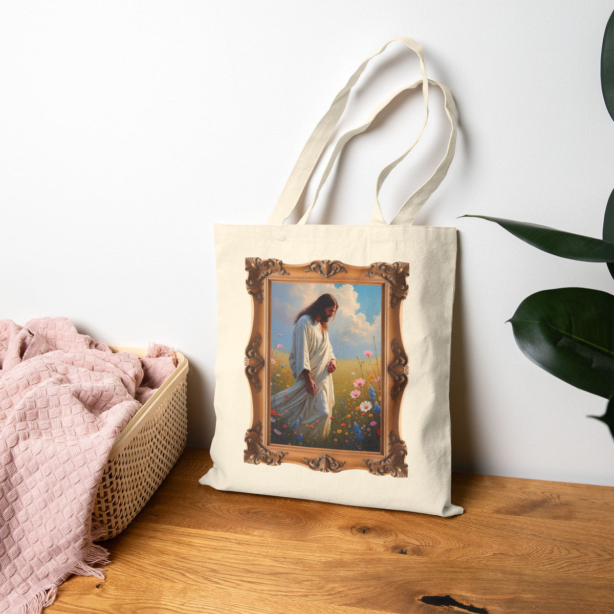 Jesus Among Wildflowers - Framed - Canvas Tote Bag - Christ Walking Prayerfully