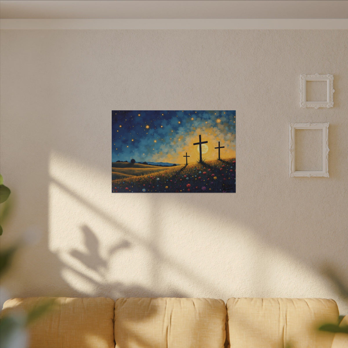 Three Crosses on Hill | 36" x 24" Canvas (Horizontal) | Christian Wall Art | Faith Home Decor | Floral Night Sky
