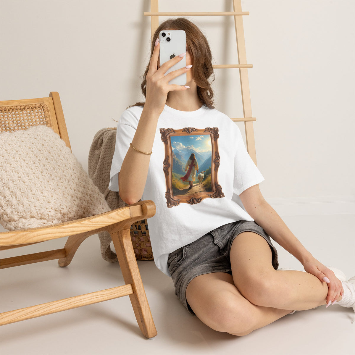 Jesus and the Lost Lamb - Framed - T-Shirt | Religious Inspirational Tee, Jesus in Bible Artwork