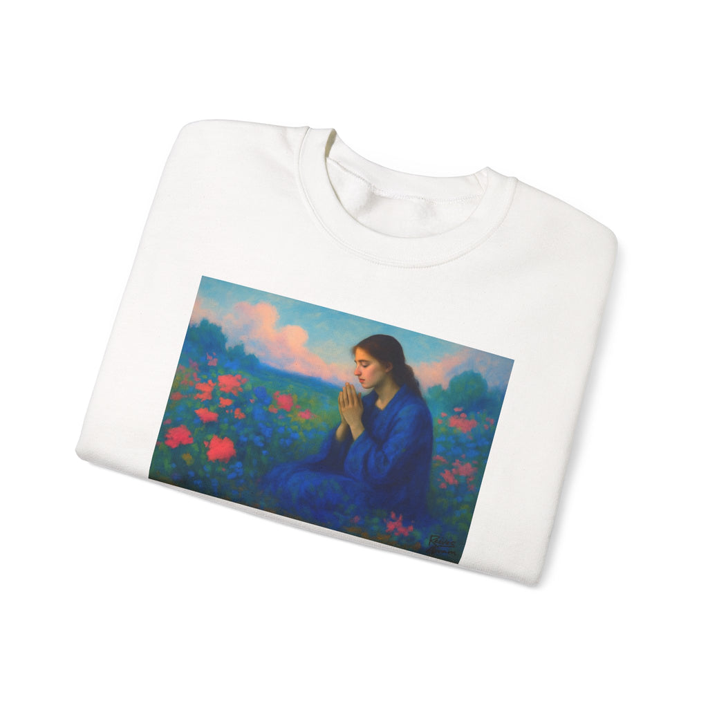 Praying Woman in Wildflowers | Crewneck Sweatshirt | Christian Art | Faith-Inspired