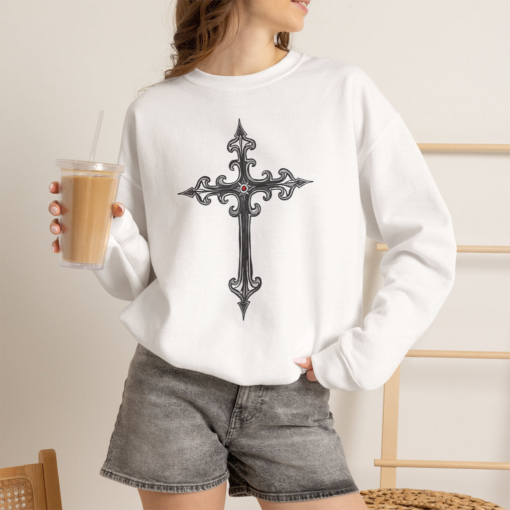 Ornate Silver Jeweled Cross Sketch - Crewneck Sweatshirt | Gothic-Style Christian Art