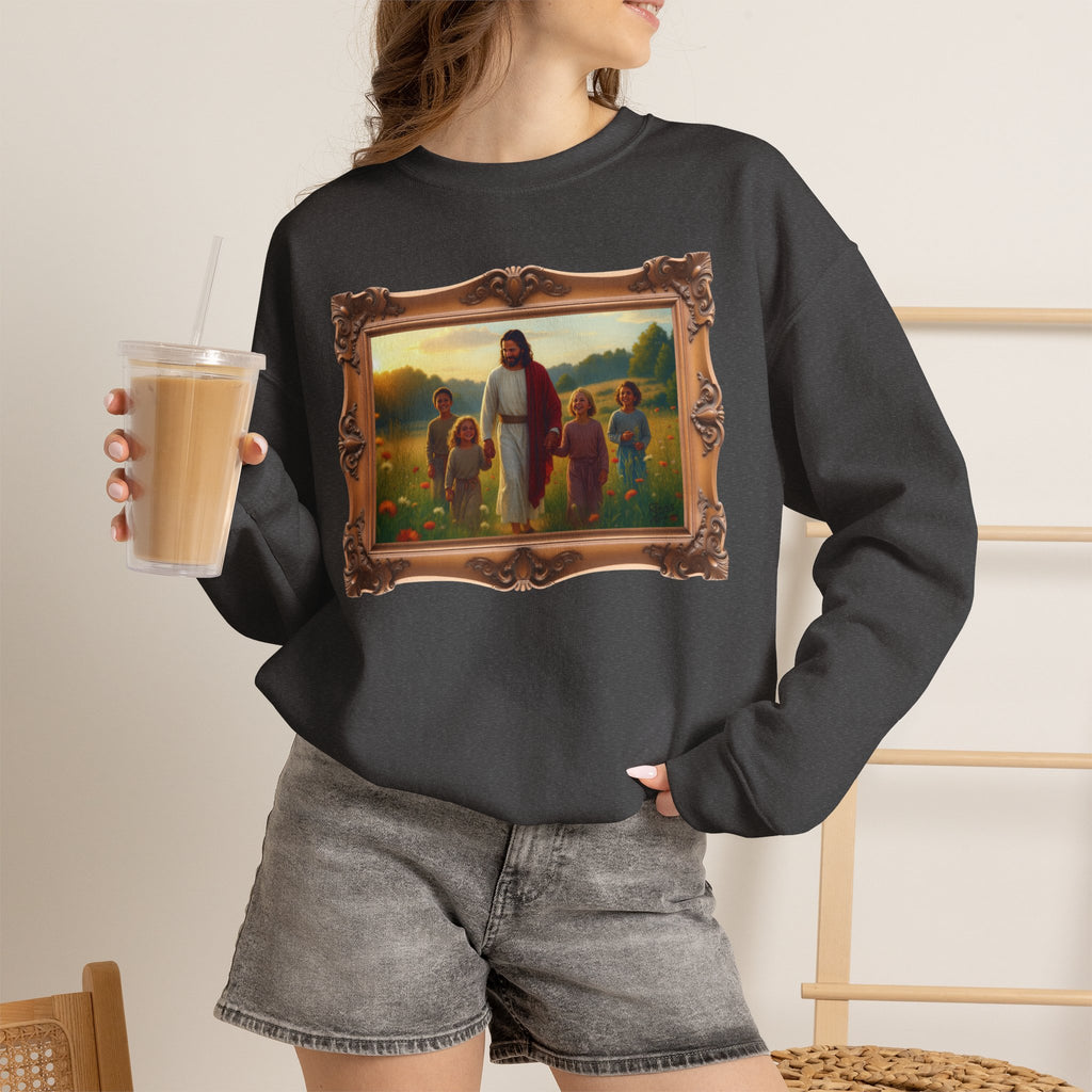 Jesus with Children in Wildflowers - Framed | Crewneck Sweatshirt | Christian Art | Faith-Inspired