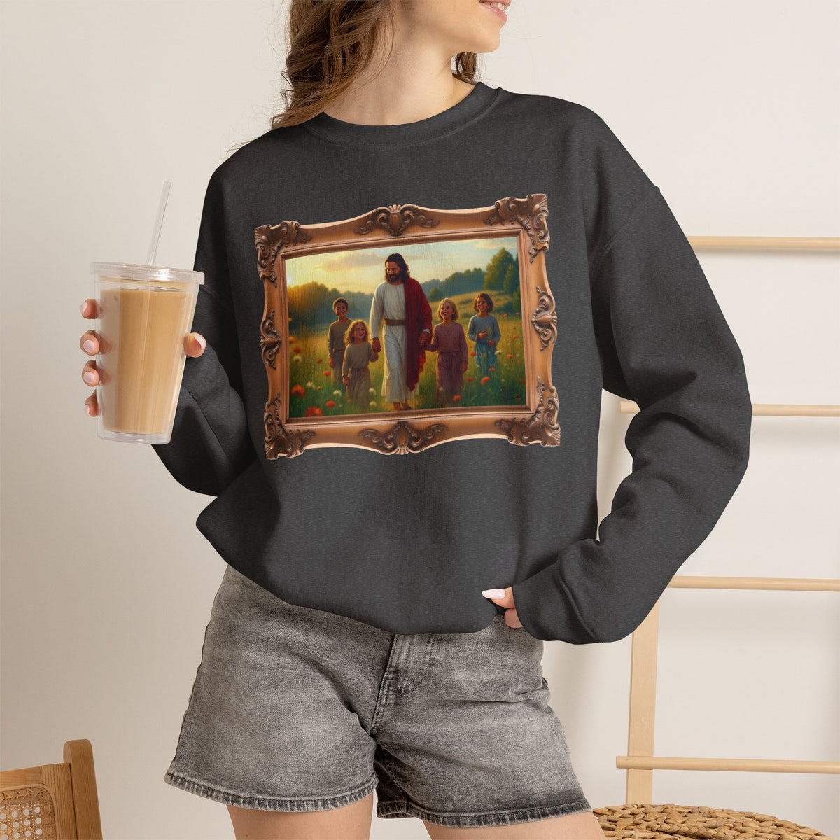 Jesus with Children in Wildflowers - Framed | Crewneck Sweatshirt | Christian Art | Faith-Inspired