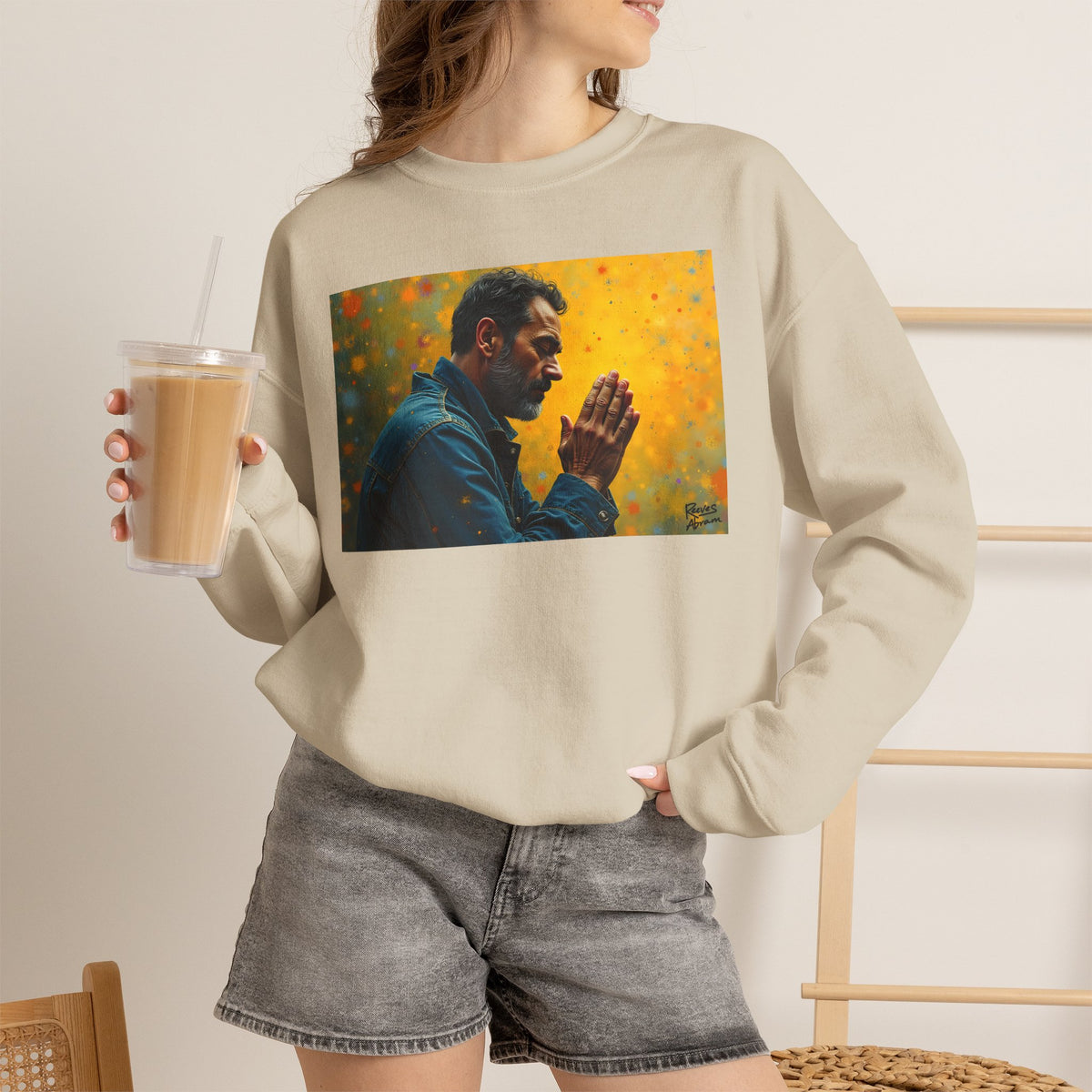 Man in Prayer | Crewneck Sweatshirt | Christian Art | Faith-Inspired