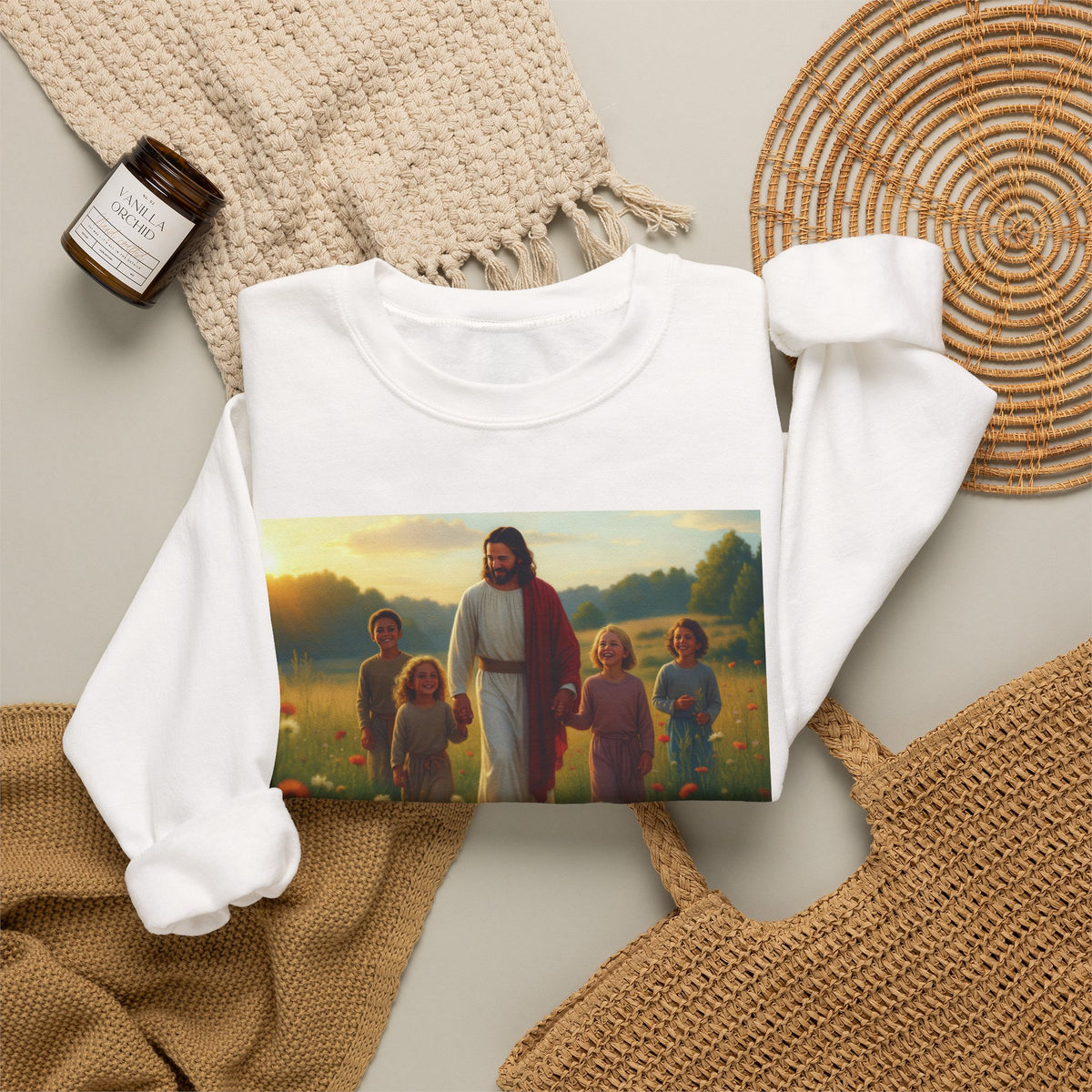 Jesus with Children in Wildflowers | Crewneck Sweatshirt | Christian Art | Faith-Inspired