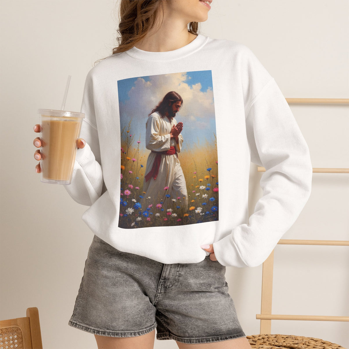 Jesus Praying in Meadow - Crewneck Sweatshirt | Prayer Shirt