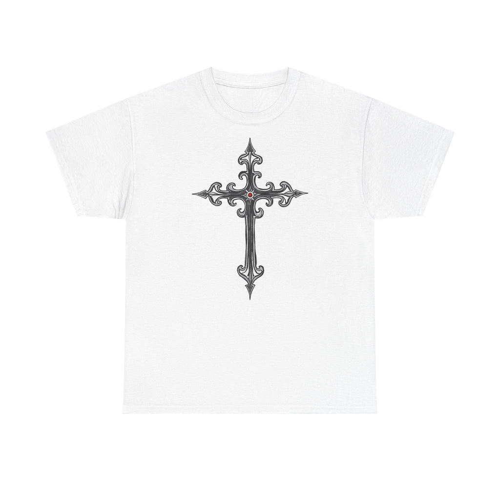 Ornate Silver Jeweled Cross Sketch - T-Shirt | Religious Inspirational Tee | Gothic-Style Christian Art