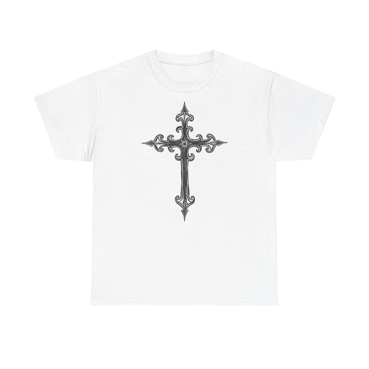 Ornate Silver Jeweled Cross Sketch - T-Shirt | Religious Inspirational Tee | Gothic-Style Christian Art