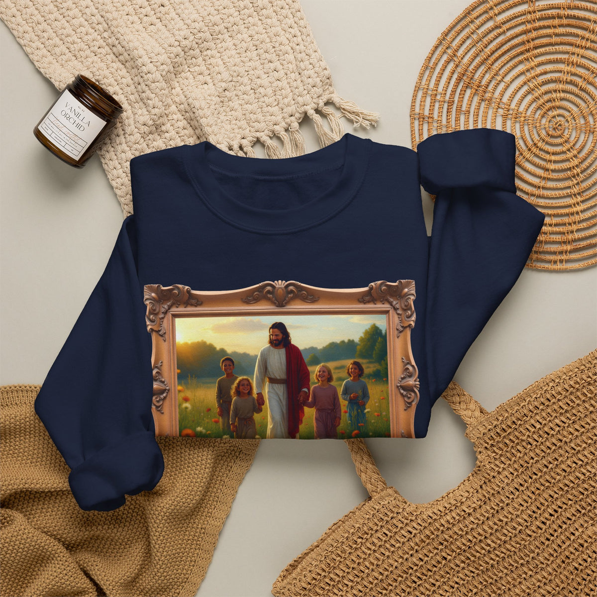 Jesus with Children in Wildflowers - Framed | Crewneck Sweatshirt | Christian Art | Faith-Inspired