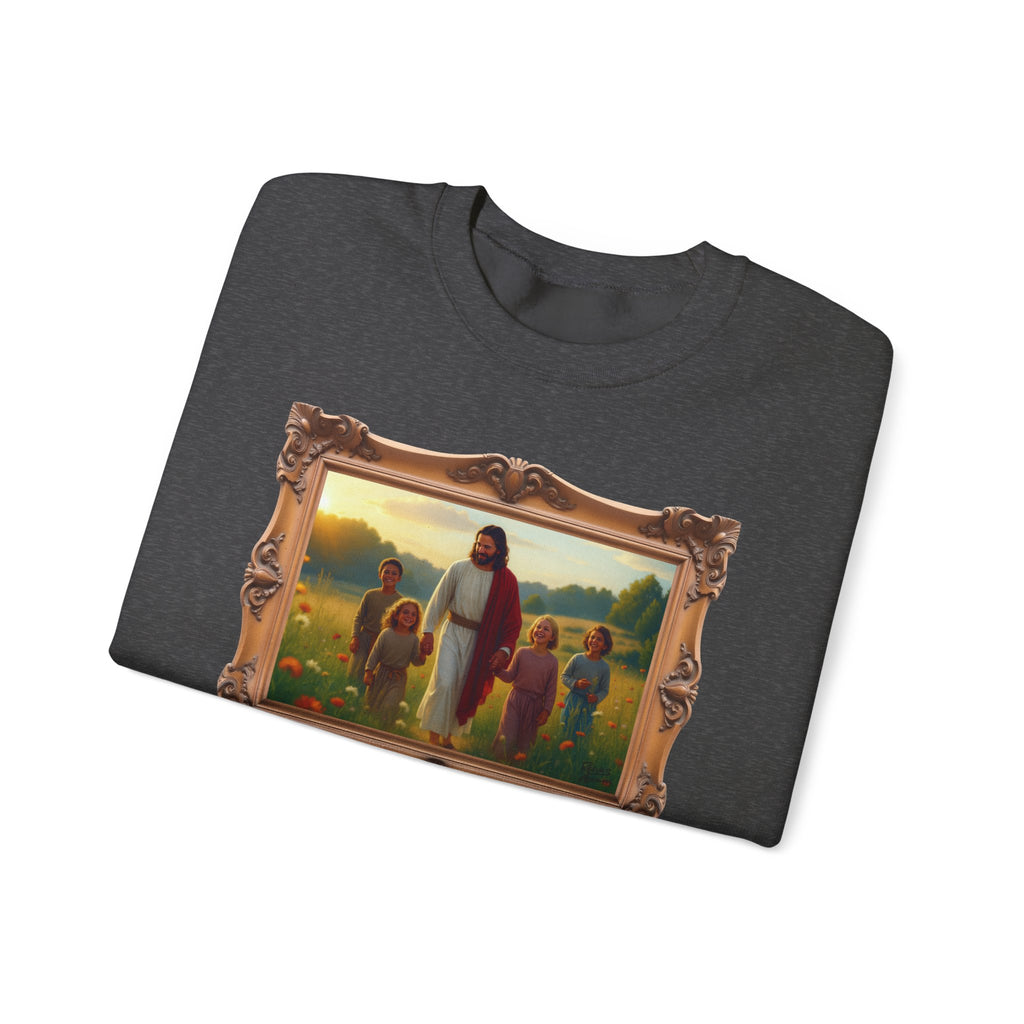 Jesus with Children in Wildflowers - Framed | Crewneck Sweatshirt | Christian Art | Faith-Inspired