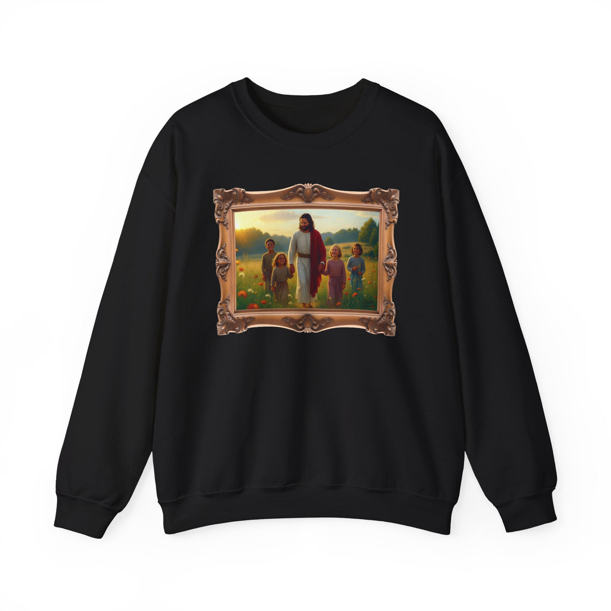Jesus with Children in Wildflowers - Framed | Crewneck Sweatshirt | Christian Art | Faith-Inspired