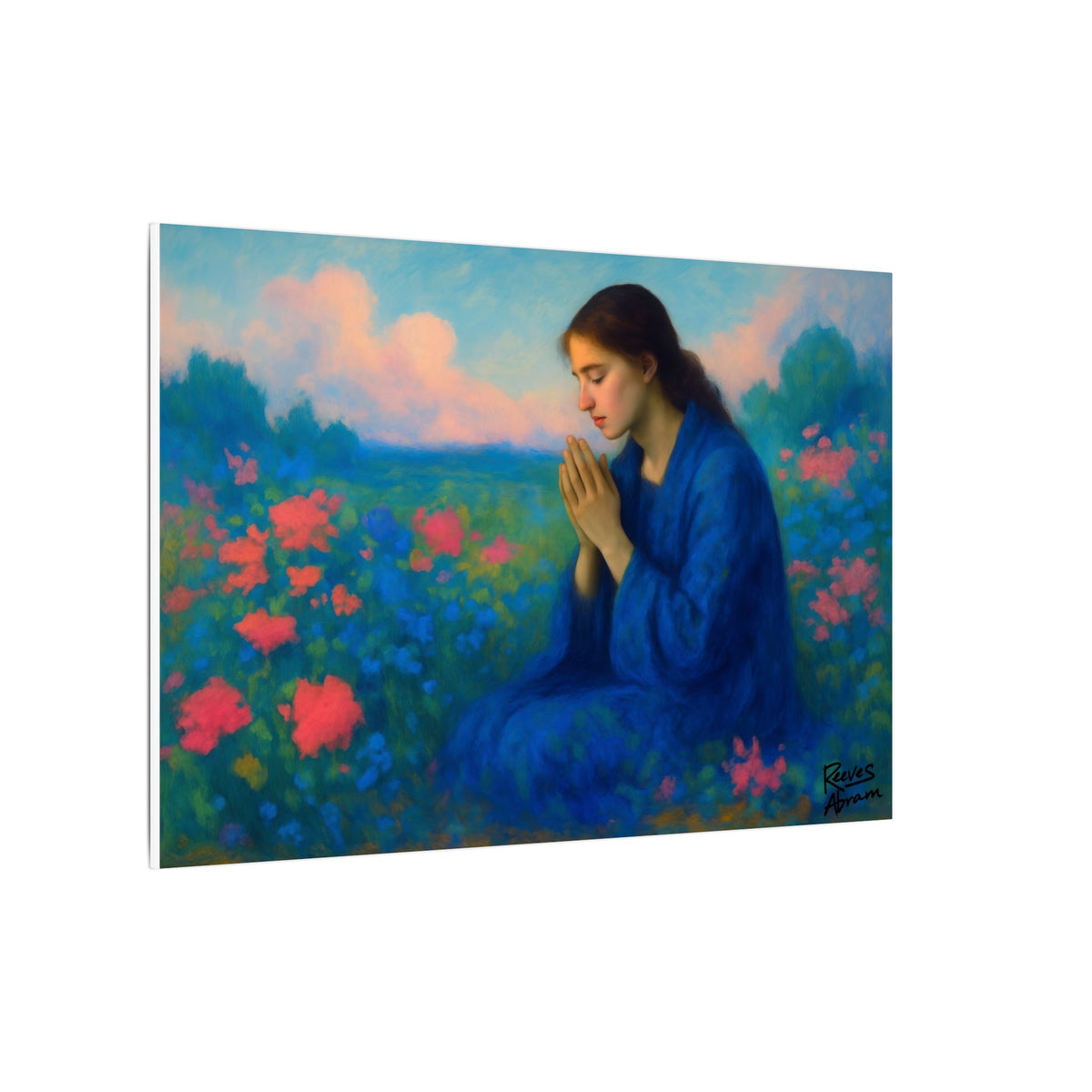 Praying Woman in Wildflowers | 36" x 24" Canvas (Horizontal) | Christian Wall Art | Faith Home Decor