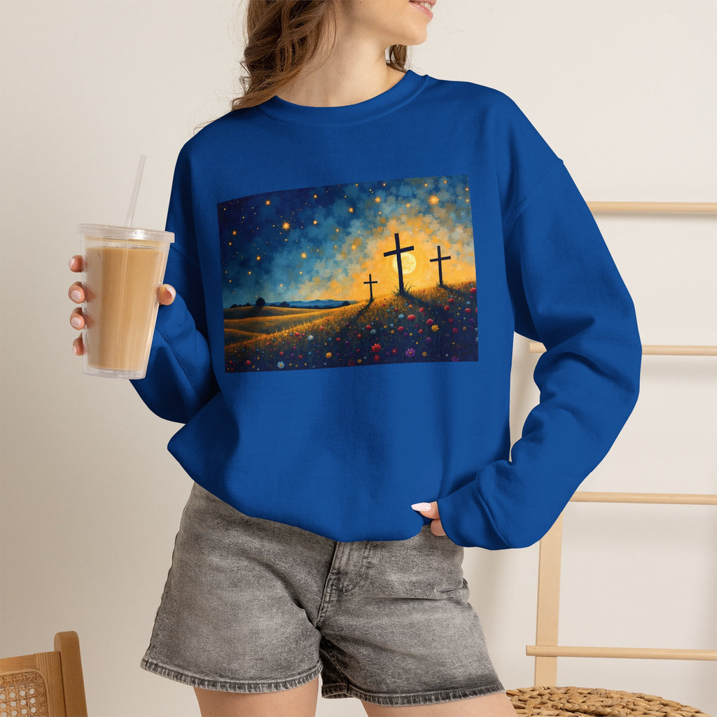 Three Crosses on Hill - Crewneck Sweatshirt | Bible Art