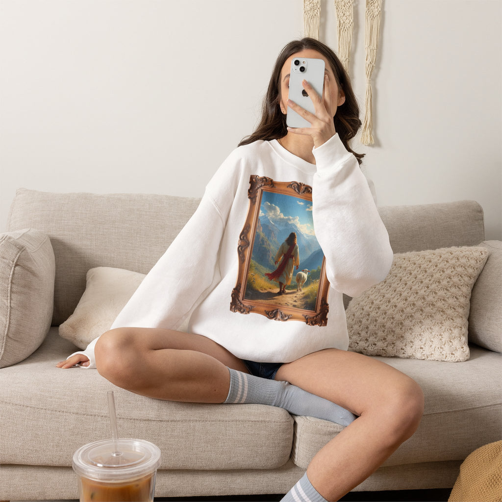 Jesus and the Lost Lamb - Framed | Crewneck Sweatshirt | Christian Art | Faith-Inspired