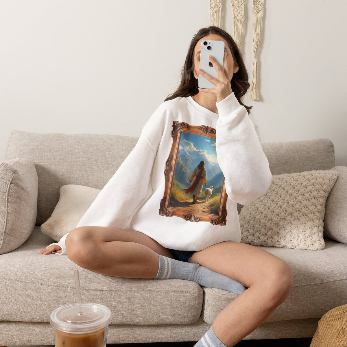 Jesus and the Lost Lamb - Framed | Crewneck Sweatshirt | Christian Art | Faith-Inspired
